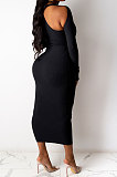 Navy Blue Euramerican Women Sexy Trendy Off Shoulder Solid Color Ribber Long Sleeve Midi Dress FFE026 -2