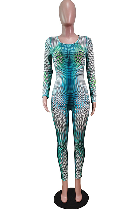 Blue Positioning Print Round Neck Back Stealth Zipper Long Sleeve Bodycon Jumpsuits WY6827-3