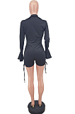 Orange Summer Lapel Neck Deep V Collar Ruffle Long Sleeve Romper Shorts ZDD31153-3