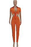 Cyan Women Fashion Ribber Deep V Neck Tied Short Sleeve Blouse Pants Sets FFE168-3