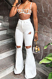 White Mid Waist Cotton High Elastic Hole Jean Long Pants MD159-2