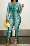 Blue Positioning Print Round Neck Back Stealth Zipper Long Sleeve Bodycon Jumpsuits WY6827-3