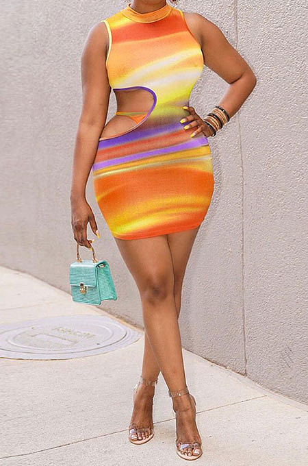 Orange Women Trendy Irregularity Printing Dew Waist Sexy Mini Dress NL6087-1
