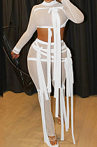 White Half Turtle Neck Dew Abdominal Knotted Mesh Long Sleeve Long Pants Sets SZS9083-1