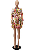 Orange Print Lapel Neck Button Long Sleeve Shirt Mid Waist Pleated Skirts Sets CM2149-4