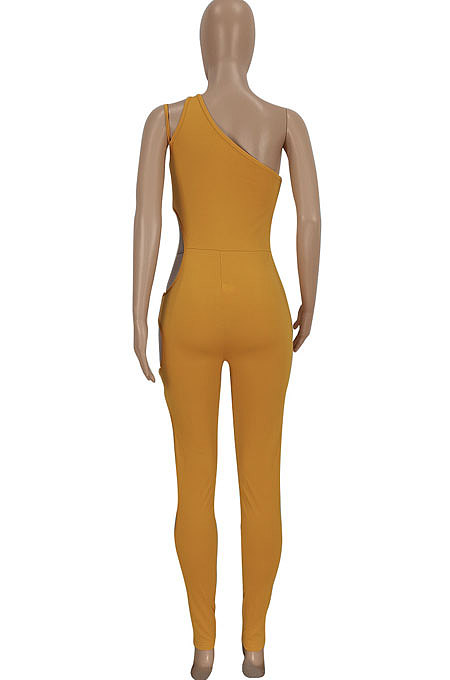 Yellow Women Pure Color Hollow Out One Shoulder Sleeveless Bodycon Jumpsuits FFE167