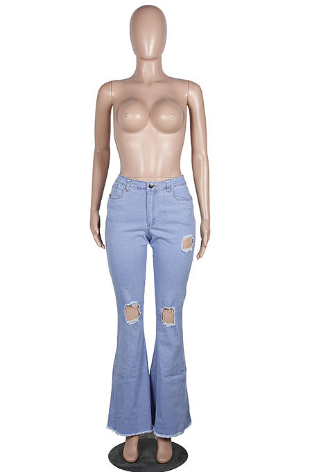 White Mid Waist Cotton High Elastic Hole Jean Long Pants MD159-2