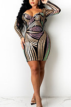 Black Mid Waist Strapless Sequins Long Sleeve Tight Mini Dress YF9148-2