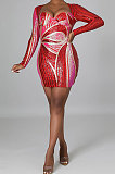 Red Mid Waist Strapless Sequins Long Sleeve Tight Mini Dress YF9148-1