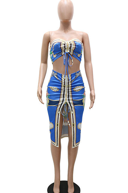 Red Women Sleeveless Strapless Printing Shirred Detail Split Backless Skirts Sets YF9129-2