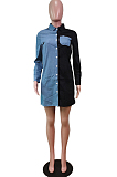 Red Lapel Neck Jean Spliced Long Sleeve Casual Shirt Dress WY6831-1