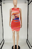 Red Women Trendy Irregularity Printing Dew Waist Sexy Mini Dress NL6087-2