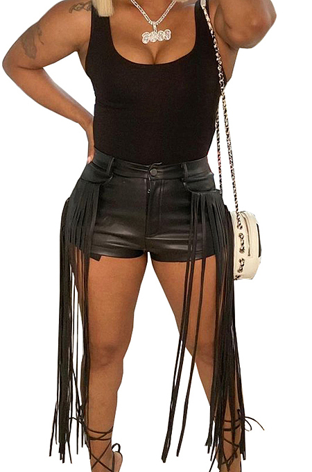 Black Pure Color Mid Waist PU Leather Pants Tassel Shorts MD421-1