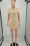Khaki Letter Print Short Sleeve Lapel Neck Button Shirts Shorts Two-Piece YM205-1