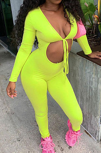 Neon Green Low-Cut Tied Hollow Out Long Sleeve Slim Fitting Bodycon Jumpsuits BBN185-2
