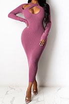 Pink Euramerican Women Sexy Trendy Off Shoulder Solid Color Ribber Long Sleeve Midi Dress FFE026 -1