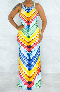 Rainbow Printing Mid Waist Condole Belt Backless Long Dress YF9139