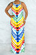 Rainbow Printing Mid Waist Condole Belt Backless Long Dress YF9139