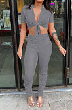 Gray Women Fashion Ribber Deep V Neck Tied Short Sleeve Blouse Pants Sets FFE168-2