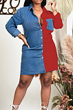 Red Lapel Neck Jean Spliced Long Sleeve Casual Shirt Dress WY6831-1