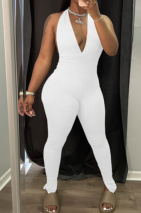White Pure Color Halter Neck Deep V Collar Backless Slim Fitting Bodycon Jumpsuits WY6832-1
