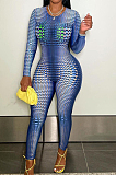 Blue Positioning Print Round Neck Back Stealth Zipper Long Sleeve Bodycon Jumpsuits WY6827-3