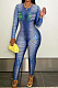 Blue Positioning Print Round Neck Back Stealth Zipper Long Sleeve Bodycon Jumpsuits WY6827-3