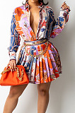 Orange Print Lapel Neck Button Long Sleeve Shirt Mid Waist Pleated Skirts Sets CM2149-4