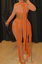 Orange Half Turtle Neck Dew Abdominal Knotted Mesh Long Sleeve Long Pants Sets SZS9083-2