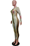 Blue Positioning Print Round Neck Back Stealth Zipper Long Sleeve Bodycon Jumpsuits WY6827-3