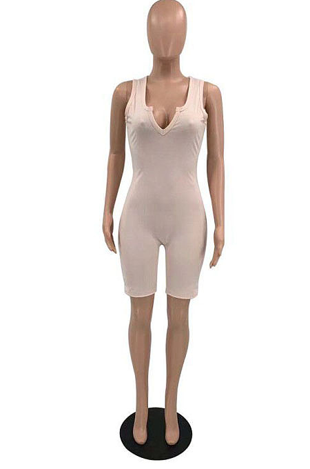 Red Solid Color Summer Notched Neck Sleeveless Tight Tank Jumpsuits OH8076-1
