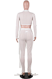 Khaki Half Turtle Neck Dew Abdominal Knotted Mesh Long Sleeve Long Pants Sets SZS9083-7