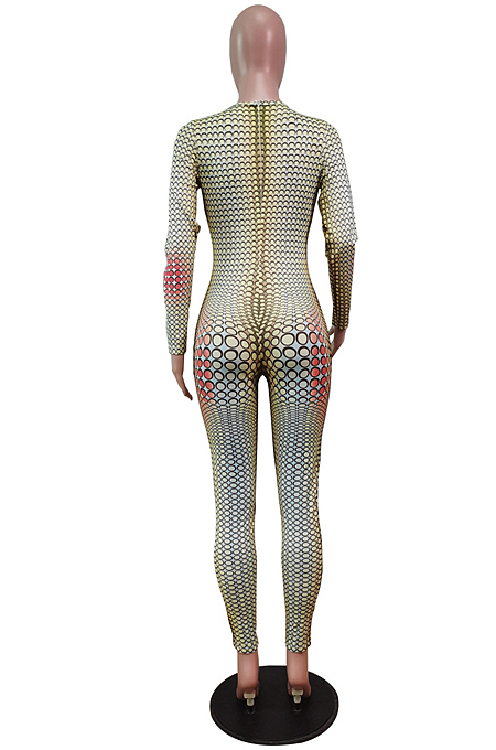 Dark Yellow Positioning Print Round Neck Back Stealth Zipper Long Sleeve Bodycon Jumpsuits WY6827-1