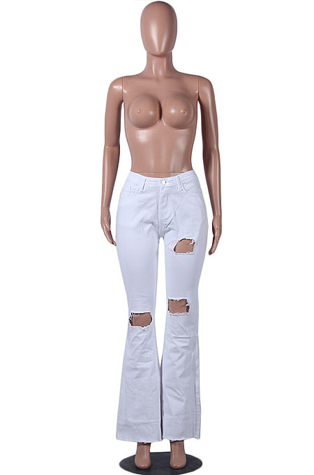 Blue Mid Waist Cotton High Elastic Hole Jean Long Pants MD159-1