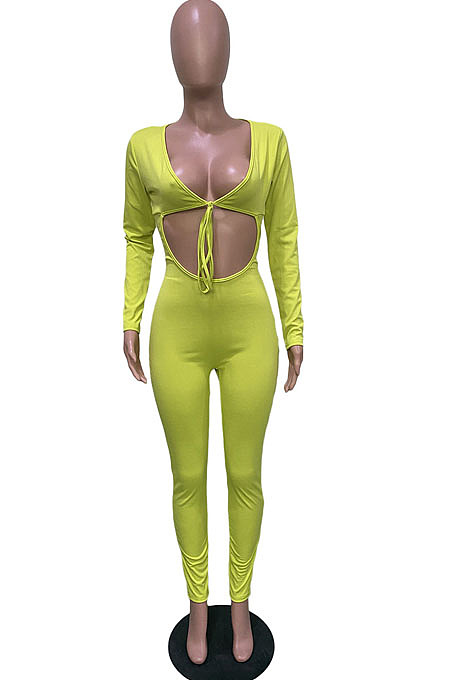 Red Low-Cut Tied Hollow Out Long Sleeve Slim Fitting Bodycon Jumpsuits BBN185-4