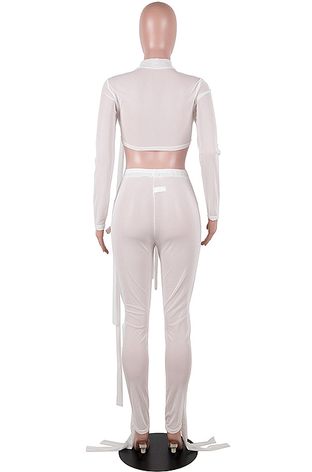 Orange Half Turtle Neck Dew Abdominal Knotted Mesh Long Sleeve Long Pants Sets SZS9083-2