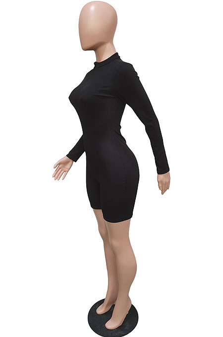 Black Half Turtle Neck Zipper Ridder Tight Long Sleeve Romper Shorts BBN182-1