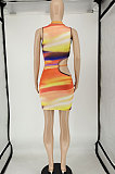 Orange Women Trendy Irregularity Printing Dew Waist Sexy Mini Dress NL6087-1