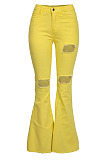 Green Mid Waist Cotton High Elastic Hole Jean Long Pants MD159-5