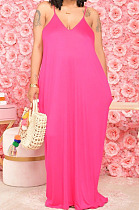Rose Red Pure Color Condole Belt V Neck Loose Long Dress With A Pocket OH8075-1