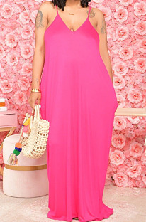 Rose Red Pure Color Condole Belt V Neck Loose Long Dress With A Pocket OH8075-1