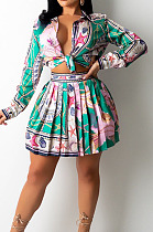 Green Print Lapel Neck Button Long Sleeve Shirt Mid Waist Pleated Skirts Sets CM2149-5