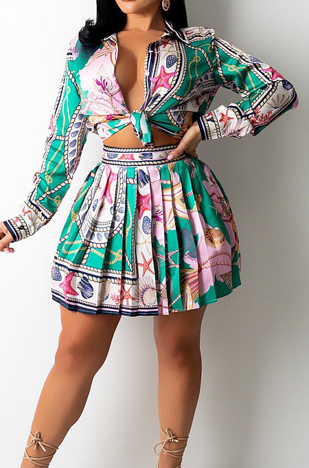 Green Print Lapel Neck Button Long Sleeve Shirt Mid Waist Pleated Skirts Sets CM2149-5