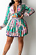 Green Print Lapel Neck Button Long Sleeve Shirt Mid Waist Pleated Skirts Sets CM2149-5