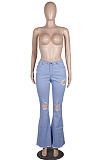 Green Mid Waist Cotton High Elastic Hole Jean Long Pants MD159-5