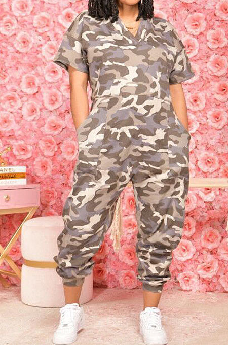 Camouflage Casual V Neck Short Sleeve Wide Leg Jumpsuits OH8080