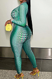 Blue Positioning Print Round Neck Back Stealth Zipper Long Sleeve Bodycon Jumpsuits WY6827-3