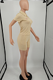 Khaki Letter Print Short Sleeve Lapel Neck Button Shirts Shorts Two-Piece YM205-1