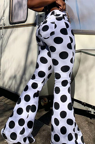 White Women Fashion Mid Waist Polka Dot Tiny Flared Long Pants FFE169