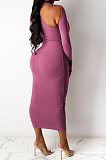 Navy Blue Euramerican Women Sexy Trendy Off Shoulder Solid Color Ribber Long Sleeve Midi Dress FFE026 -2